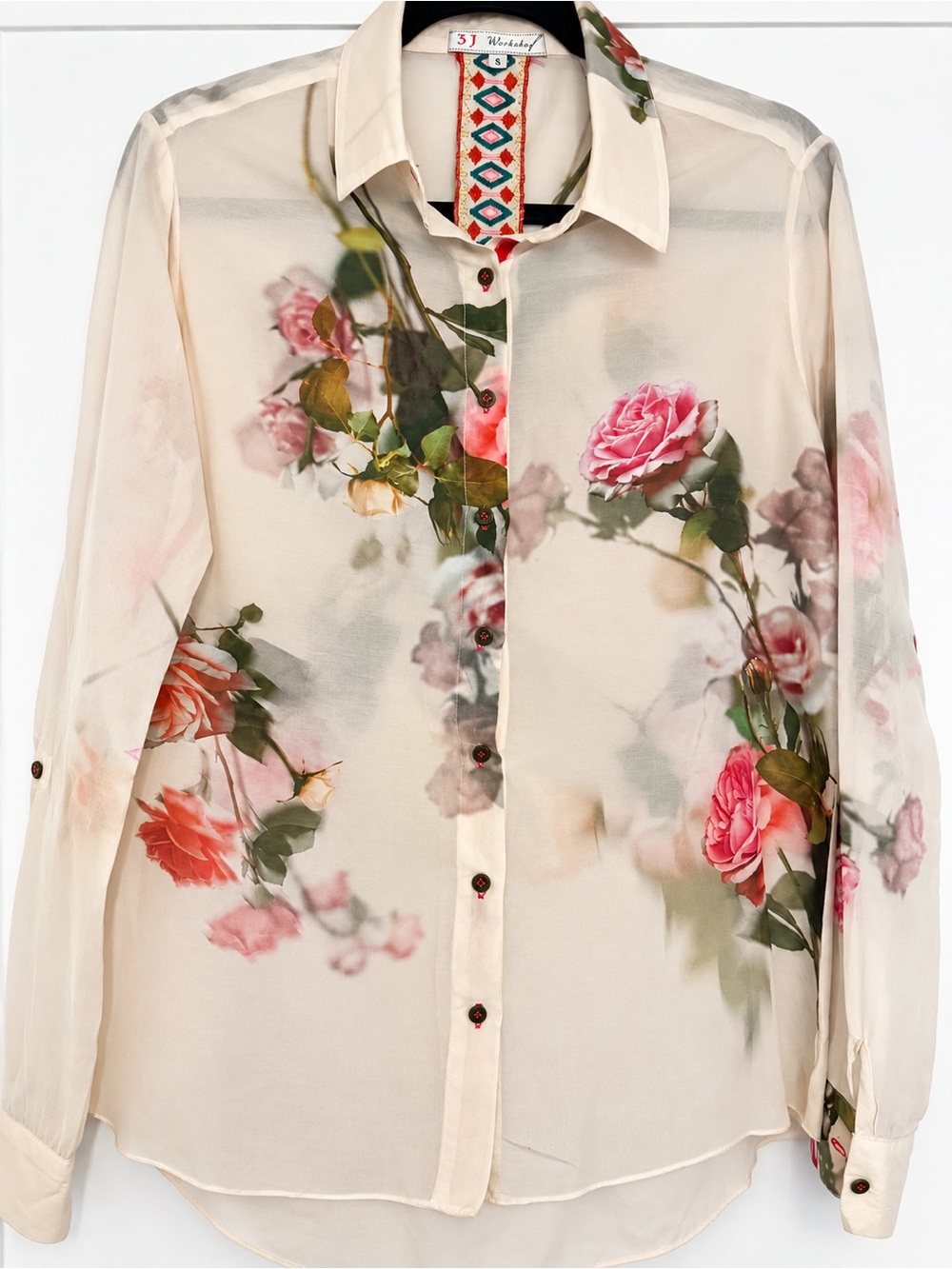 Johnny Was 3J Workshop Floral Sheer Button Down Blouse Women’s Small Boho